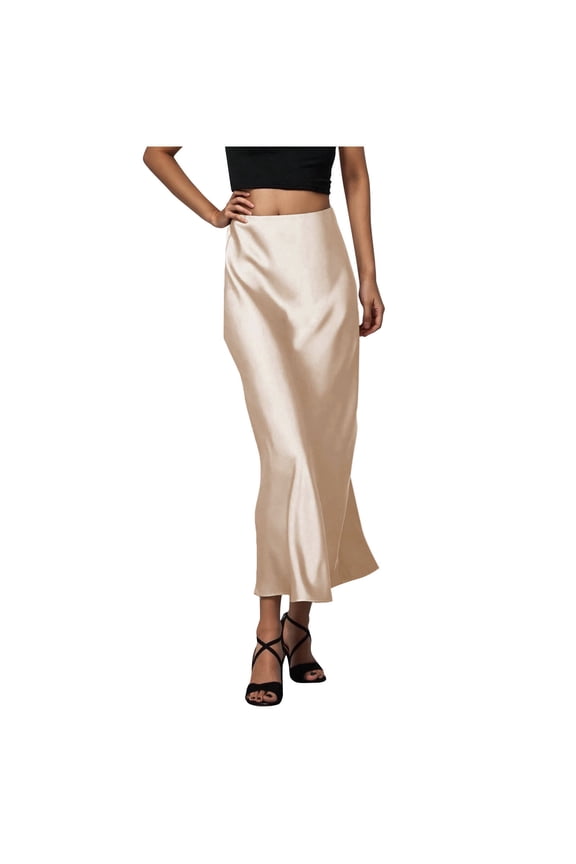 Women's Satin Long Maxi Skirt Hidden Elasticized Waistband Skirts Casual Elegant A Line Silk Skirts for Wedding Party Work