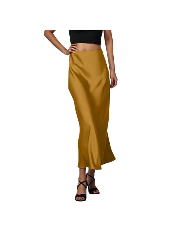 Women's Satin Long Maxi Skirt Hidden Elasticized Waistband Skirts Casual Elegant A Line Silk Skirts for Wedding Party Work