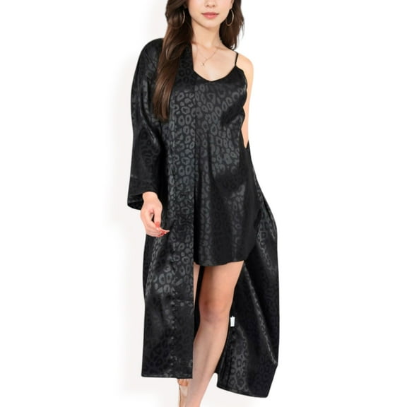 Women's Satin Long Robe with Subtle Leopard Jacquard Pattern and Tie Waist- Black,Medium