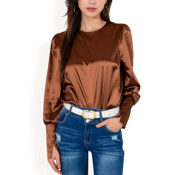 Women's Satin Long Sleeve Blouse with Buttoned Cuffs and Subtle Puff Shoulders - Large, Brown