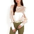 thumbnail image 1 of Women's Satin Long Sleeve Blouse with Buttoned Cuffs and Subtle Puff Shoulders - X Large, Light Beige, 1 of 7