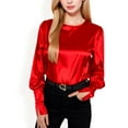 thumbnail image 1 of Women's Satin Long Sleeve Blouse with Buttoned Cuffs and Subtle Puff Shoulders - X Large, Red, 1 of 7