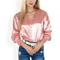 thumbnail image 1 of Women's Satin Long Sleeve Blouse with Decorative Buttons and V-Neckline - Medium, Mauve Pink, 1 of 7