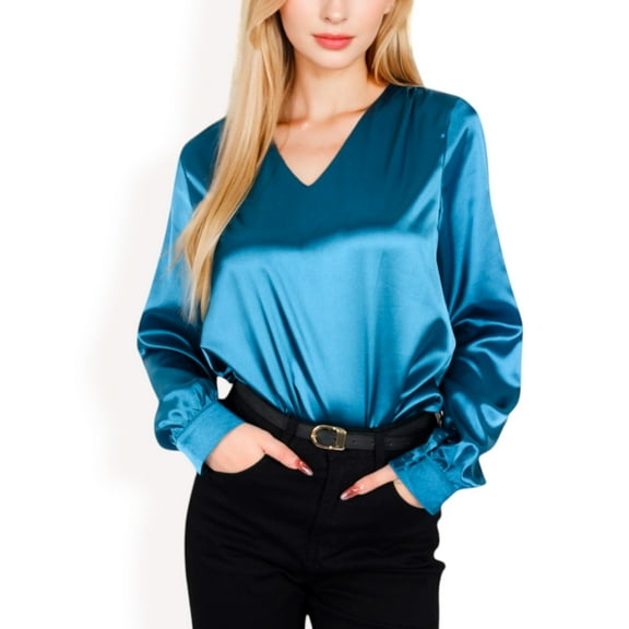 Women's Satin Long Sleeve V-Neck Blouse with Cuffed Sleeves - Large, Teal