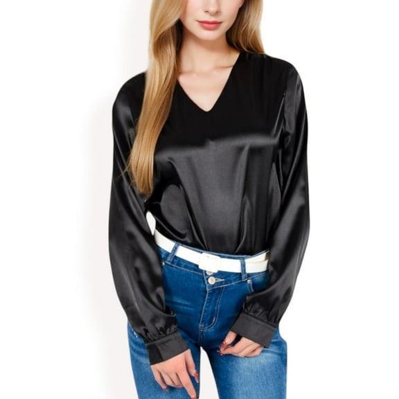 Women's Satin Long Sleeve V-Neck Blouse with Cuffed Sleeves - Medium, Black