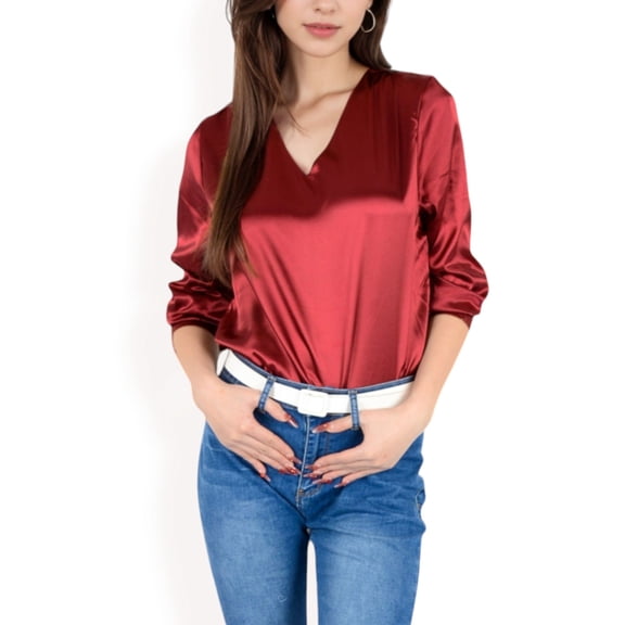 Women's Satin Long Sleeve V-Neck Blouse with Cuffed Sleeves - Medium, Burgundy