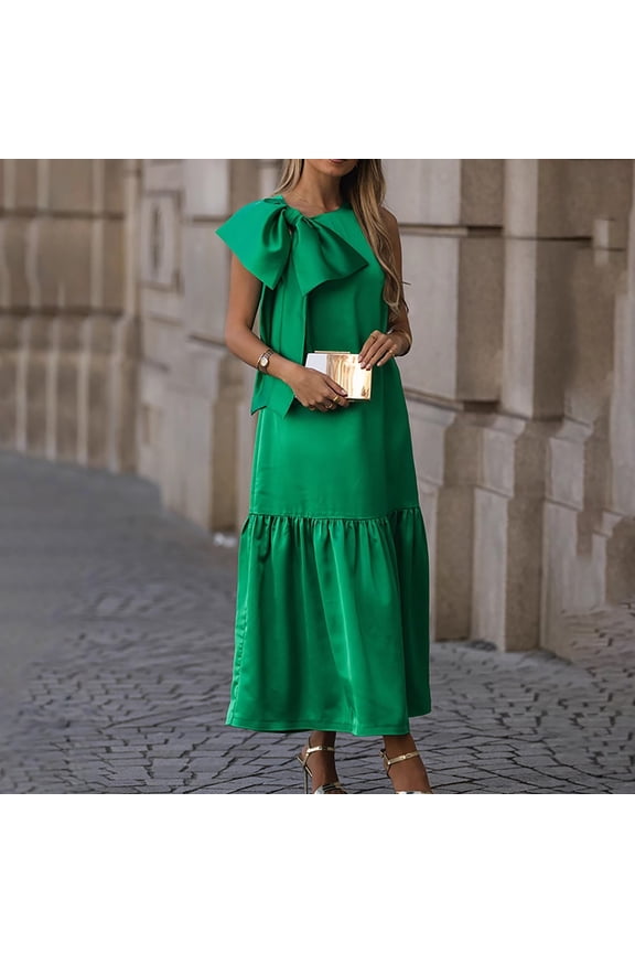 Women's Satin Maxi Dress with Oversized Bow Detail, Sleeveless Loose Fit Beach Wedding Guest Dress, Long Evening Gown for Vacation, Resort Wear and Special Occasions Green S