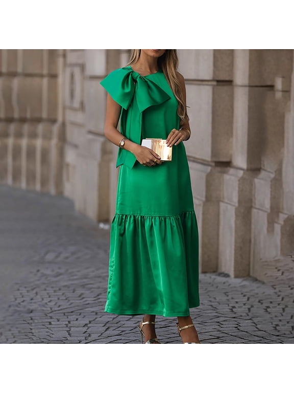 Women's Satin Maxi Dress with Oversized Bow Detail, Sleeveless Loose Fit Beach Wedding Guest Dress, Long Evening Gown for Vacation, Resort Wear and Special Occasions Green L