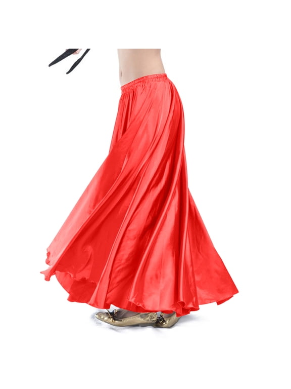 Women's Satin Maxi Midi Skirt Long Dance Half Dress Elastic Waist for Belly Dance Princess Party Costume Red One Size