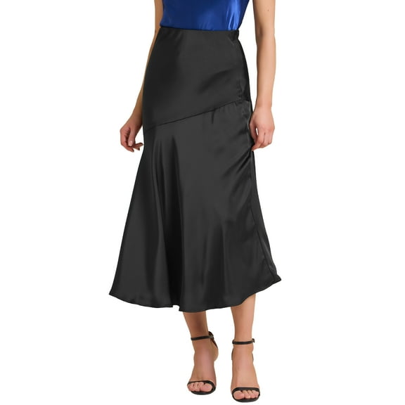 Women's Satin Maxi Skirt Fall High Waist Casual Cocktail Party Wedding Mermaid Long Skirts M Black