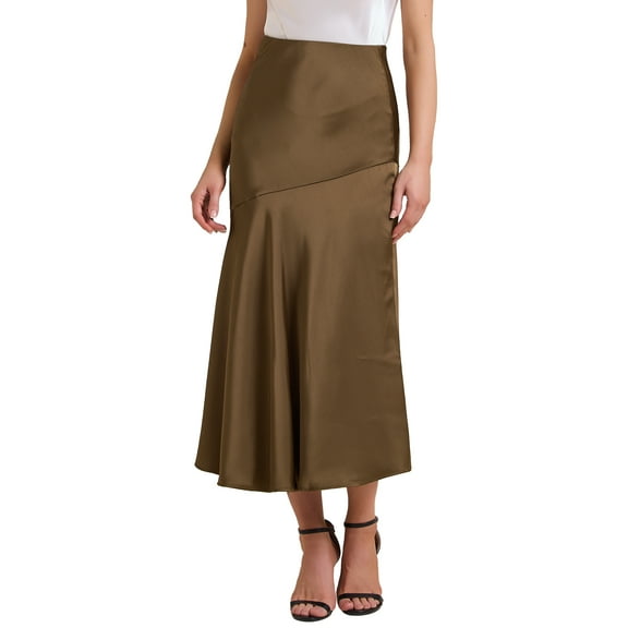 Women's Satin Maxi Skirt Fall High Waist Casual Cocktail Party Wedding Mermaid Long Skirts S Brown