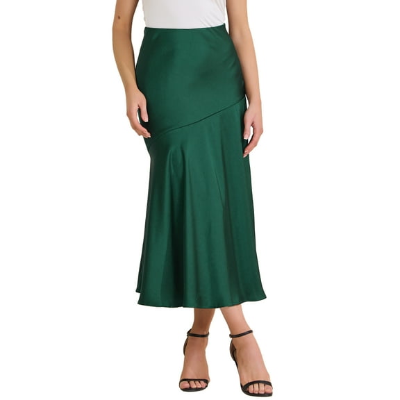 Women's Satin Maxi Skirt Fall High Waist Casual Cocktail Party Wedding Mermaid Long Skirts XS Green