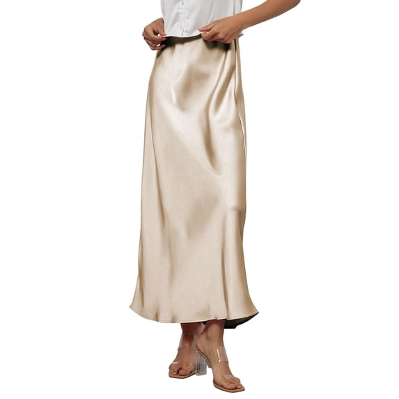 Women’s Satin Maxi Skirt High Waist Long Skirt Elegant A-Line Silky Smooth Skirt for Office or Casual Wear Beige S