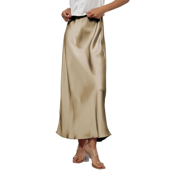 Women’s Satin Maxi Skirt High Waist Long Skirt Elegant A-Line Silky Smooth Skirt for Office or Casual Wear Khaki S