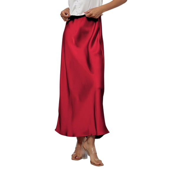 Women’s Satin Maxi Skirt High Waist Long Skirt Elegant A-Line Silky Smooth Skirt for Office or Casual Wear Wine L
