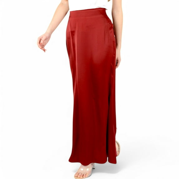 Women's Satin Maxi Skirt With High Waist And Flowing A-Line Design- Burgundy,Small
