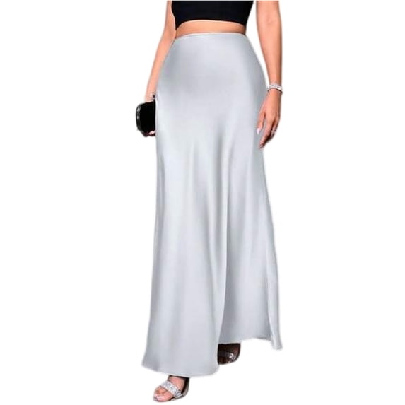 Women's Satin Maxi Skirts 2026 Spring High Waisted Flowy Long Silk A Line Elegant Business Casual Formal Slip Skirt Silver XS