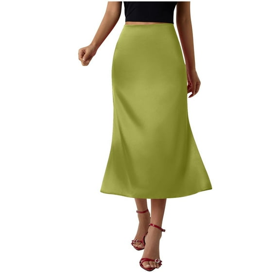 Women's Satin Maxi Skirts High Waisted Hidden Elasticized Waistband Skirts Casual Flared Hem A Line Midi Skirt