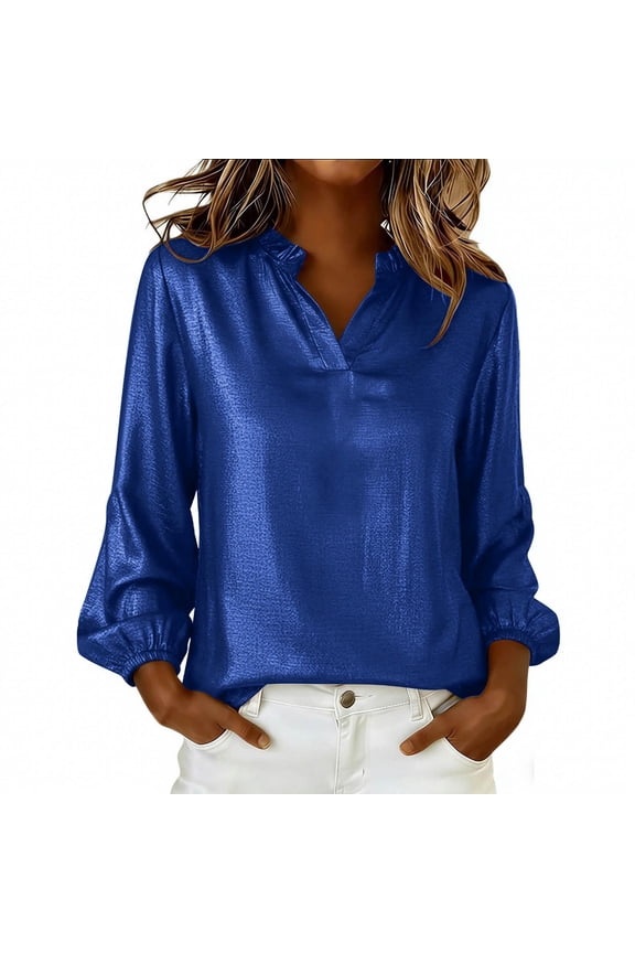 Women's Satin Metallic Long Sleeve V Neck Blouse Shiny Silk Look Puff Sleeve Elegant Work Office Party Holiday Dressy Tops