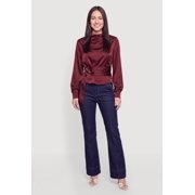 Women's Satin Metallic Tie Front Detail Funnel Neck Blouse