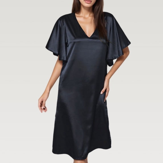Women's Satin Midi Dress with V-Neckline and Flutter Sleeves for a Relaxed Elegant Fit - Large, Black