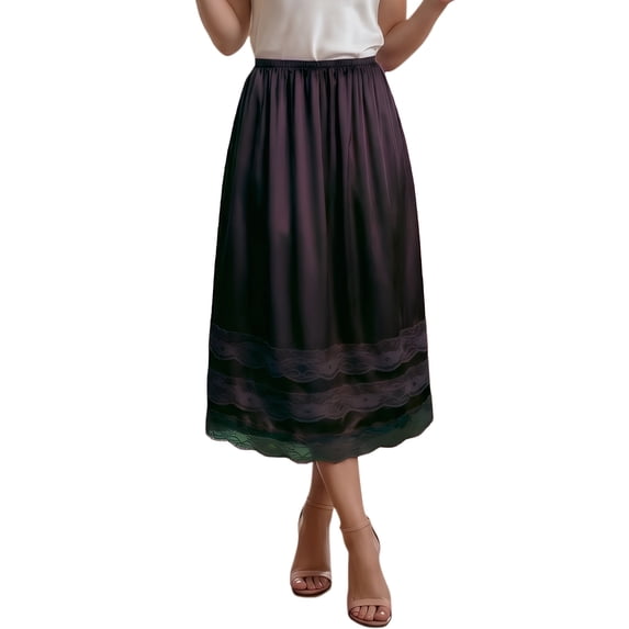 Women's Satin Midi Half Slip Skirt with Lace Trim, Elastic Waist A-Line Silky Underskirt, Soft Under Dress Skirt for Women Office Date Night Daily Wear