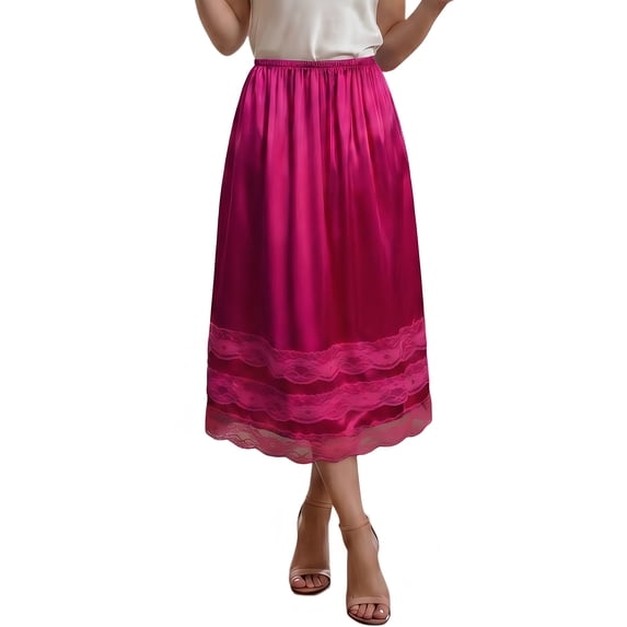 Women's Satin Midi Half Slip Skirt with Lace Trim, Elastic Waist A-Line Silky Underskirt, Soft Under Dress Skirt for Women Office Date Night Daily Wear