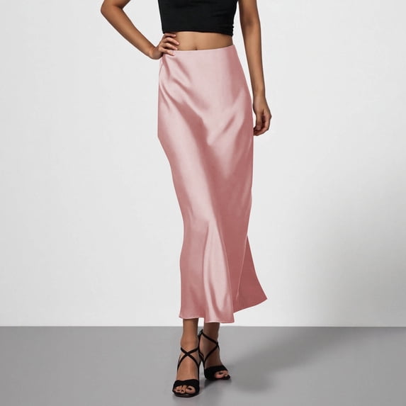 Women's Satin Midi Skirt - Casual Solid Color Ankle-Length Slip Skirt for Everyday & Dressy Occasions