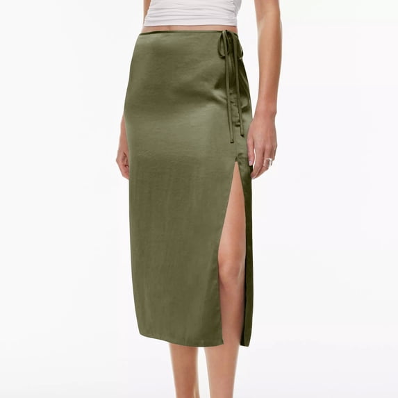 Women's Satin Midi Skirt Dressy High Waisted Side Split Drawstring Tie Waisted Elegant Midi Skirts Green L