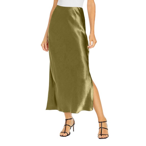 Women’s Satin Midi Skirt High Waist Side Slit Elegant Straight Fit Skirt Lightweight Silky Fabric Suitable for Daily Wear Light Green S