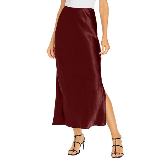 Women’s Satin Midi Skirt High Waist Side Slit Elegant Straight Fit Skirt Lightweight Silky Fabric Suitable for Daily Wear Wine S