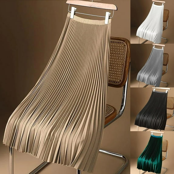 Women's Satin Midi Skirt Solid Color High Waist Flowy A Line Pleated Skirts Casual Cocktail Night Out Party Skirt