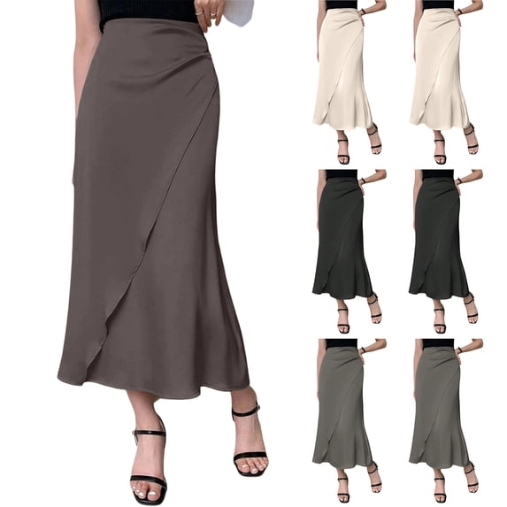 Women's Satin Midi Skirt, Solid Color High Waist Slip Pencil Skirt, Elegant Bodycon Skirt for Formal Events, Wedding and Evening,Brown,XL
