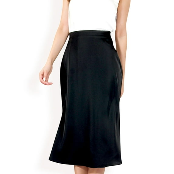 Women's Satin Midi Skirt With A-Line Silhouette And Elastic Waistband- Black,Small