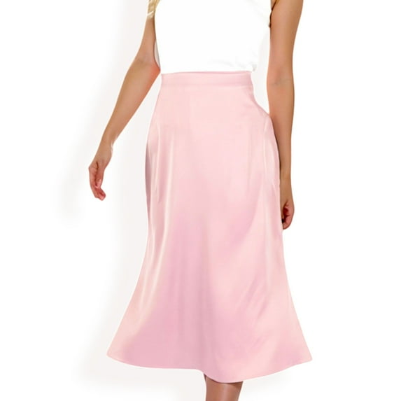 Women's Satin Midi Skirt With A-Line Silhouette And Elastic Waistband- Mauve Pink,Small