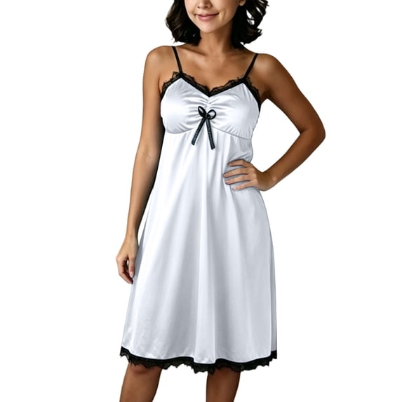 Women's Satin Nightgown Bow Lace Chemise Sleep Dress with Built in Bra Soft Short Slip Loungewear