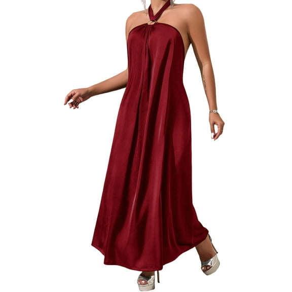 Women's Satin Nightgown Dress Silk Long Halter Nightdress Backless Sleeveless Pajama Sleepwear Soft Comfort Nightwear Lingerie Red M
