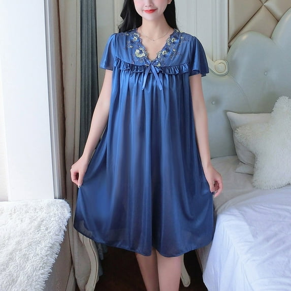 Women's Satin Nightgown On Sale Fashion Summer Solid Short V Neck Casual Sleeve Sleepshirts Nightdress Blue Free Size