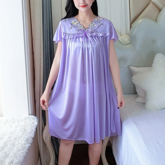 Women's Satin Nightgown On Sale Fashion Summer Solid Short V Neck Casual Sleeve Sleepshirts Nightdress Purple Free Size