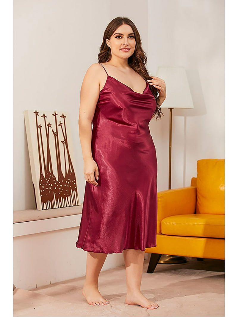 Women's Satin Nightgown Plus Size Solid Long Slip Sleep Dress