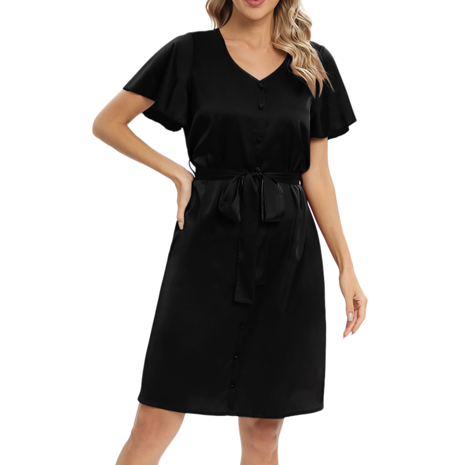 Satin silk V Neck Long Sleep Dress