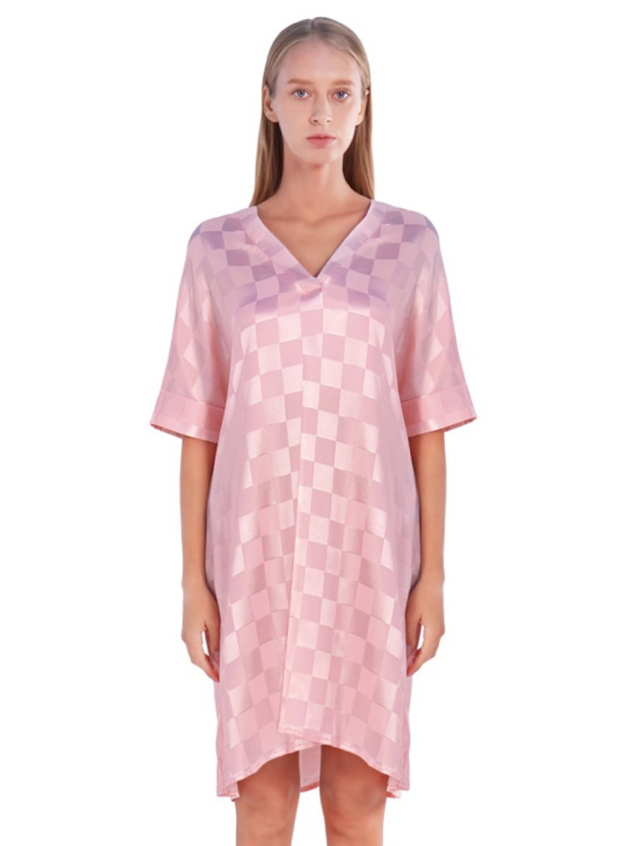 Women's Satin Nightgown Short Sleeve Sleepwear Plaid V Neck Sleep Shirt ...