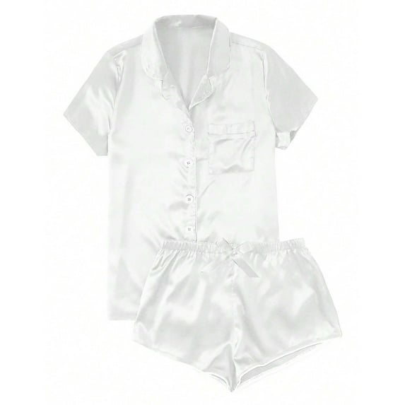 Women's Satin Nightgown Short Sleeve Sleepwear Soft Button Down Loungewear 2 Piece Pjs Shorts Set White XS