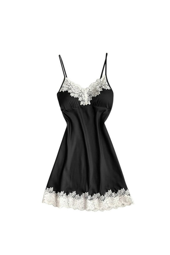 Women's Satin Nightgown Silk Slip Dress Sleepwear Sexy V Neck Short Nightwear Black L