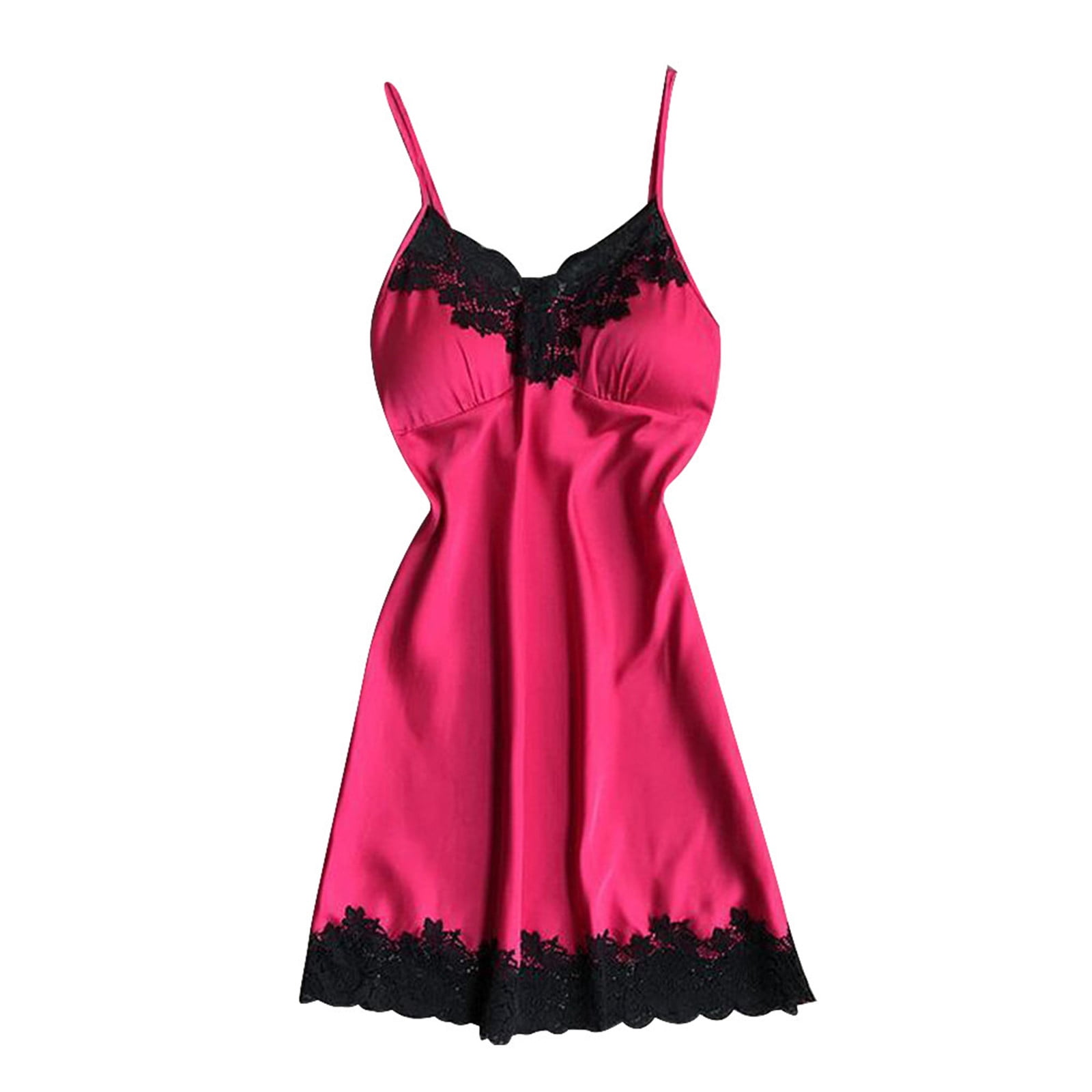 vokkrv Women's Satin Nightgown Silk Slip Dress Sleepwear Sexy V Neck Short Nightwear Hot Pink XL
