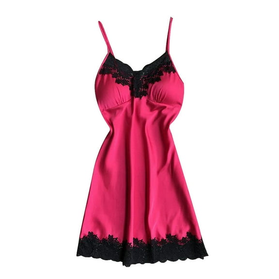 Women's Satin Nightgown Silk Slip Dress Sleepwear Sexy V Neck Short Nightwear Hot Pink XXXL