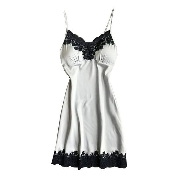 Women's Satin Nightgown Silk Slip Dress Sleepwear Sexy V Neck Short Nightwear White L