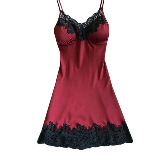 Women's Satin Nightgown Silk Slip Dress Sleepwear Sexy V Neck Short Nightwear Wine XXL