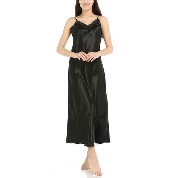 Women's Satin Nightgown Sleep Dress Spaghetti Straps Spring Summer Silky Lace V-Neck Slim Fit Long Silk Sleepwear Slip Dresses Black Medium
