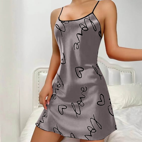 Women's Satin Nightgown Valentine's Day Spaghetti V Neck Sleeveless Cute Printed Nightdress Sleepwear Mini Dress Gray XXL